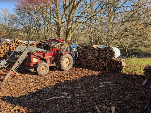 Traktor mit Frontlader zwischen Holzbündeln im Winter