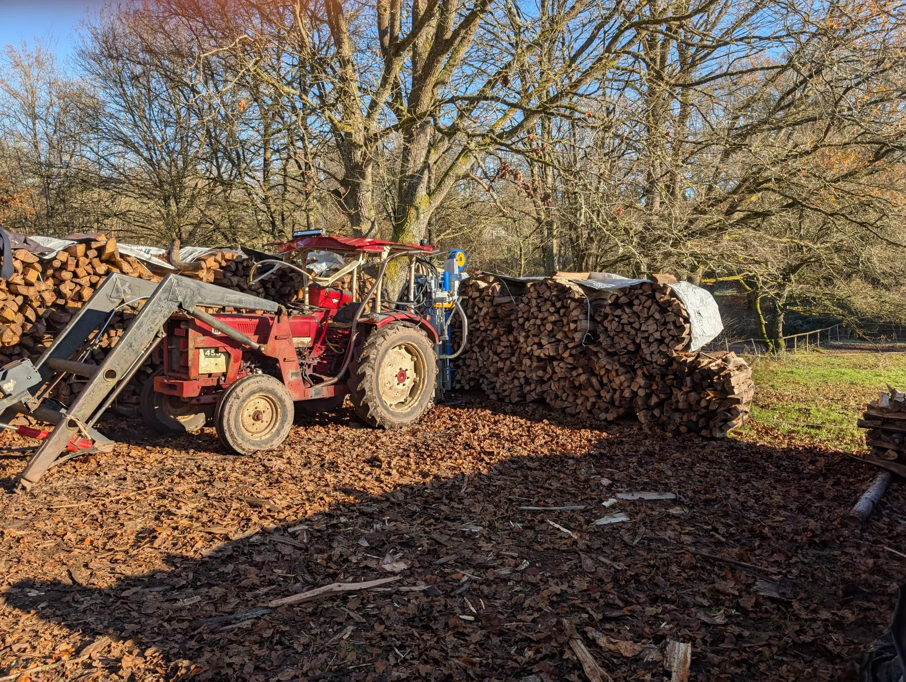 Traktor mit Frontlader zwischen Holzbündeln im Winter